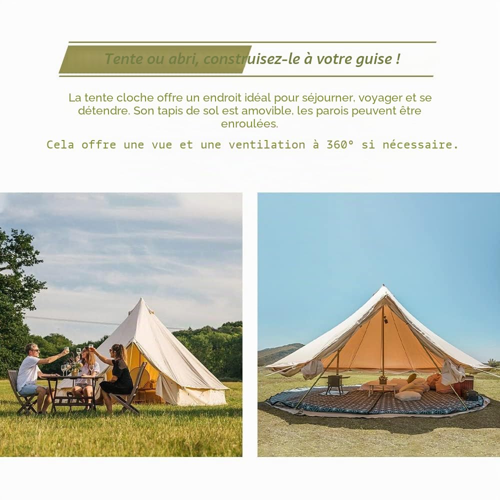TOMOUNT Bell Tente 3m 4m Cloche Grand Espace familiale avec Fermeture éclair dans Tapis de Sol et Trou de Cuisson pour l'extérieur, randonnée, Carnaval, fête, Chasse, Pique-Nique Beige