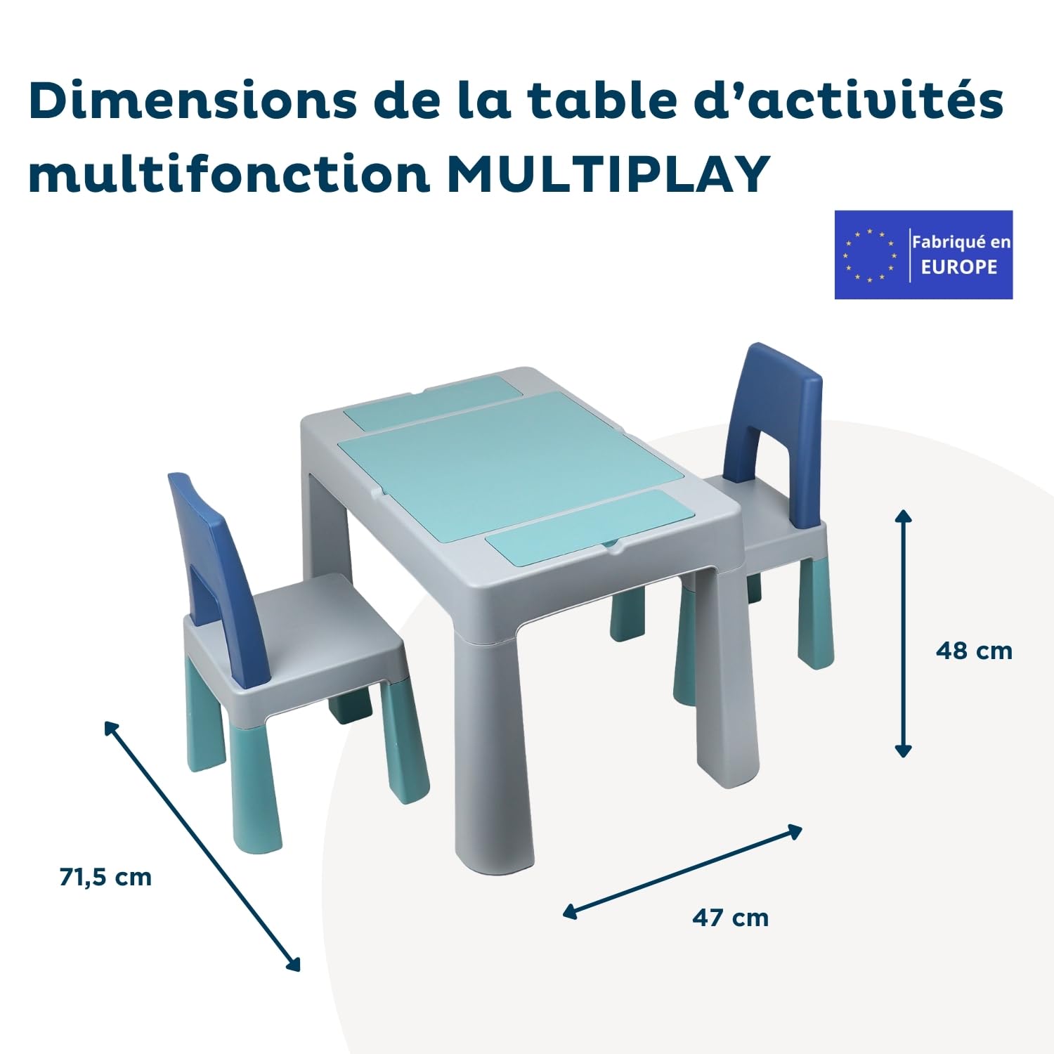 Thermobaby - Table d'activités Multifonction MULTIPLAY - 2 Chaises - Plateau Double Face - Table de Jeu pour Enfant - Bureau Enfant avec Chaises et Rangements - Multifonction intérieur/extérieur