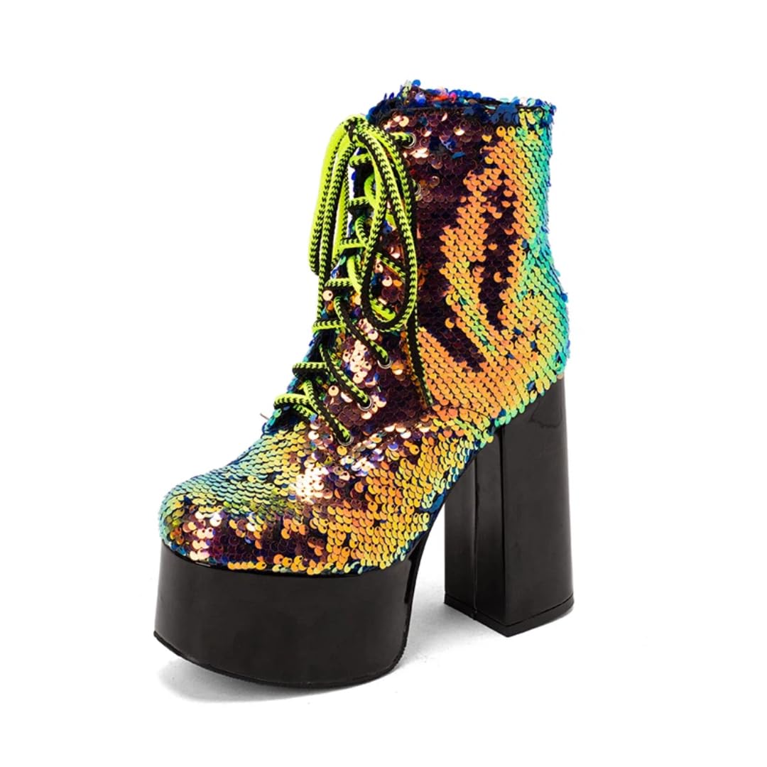 Sexy Womens Platform Cowgirl Ankle Boots Fashion Lace-up Buckle Chunky High Heels Combat Boots