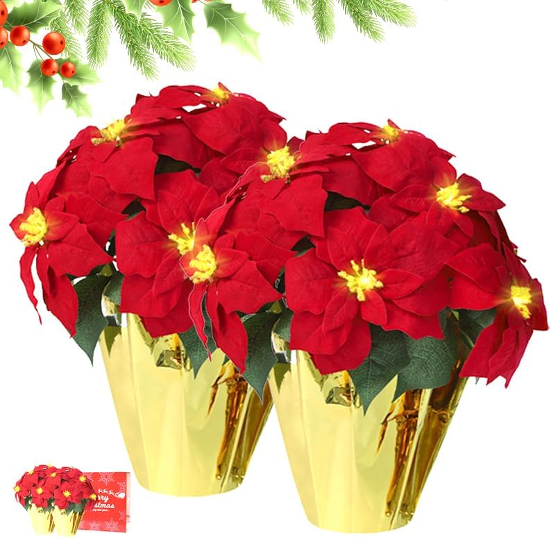 2 pack large outdoor 18" pre-lit christmas decorations flower led lighted artificial poinsettia plants - faux poinsettia flowers in pot with lights for outdoor use (red,18inch) red 18