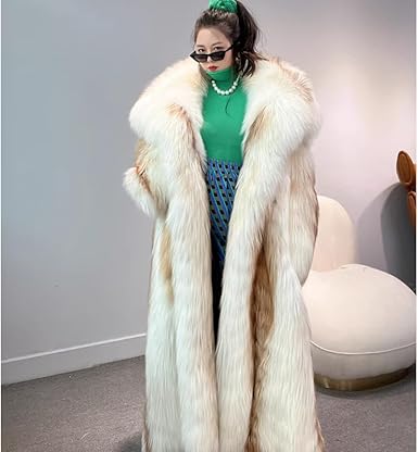 Denny&Dora Women's Fox Fur Jacket with Lapels Long Style Winter