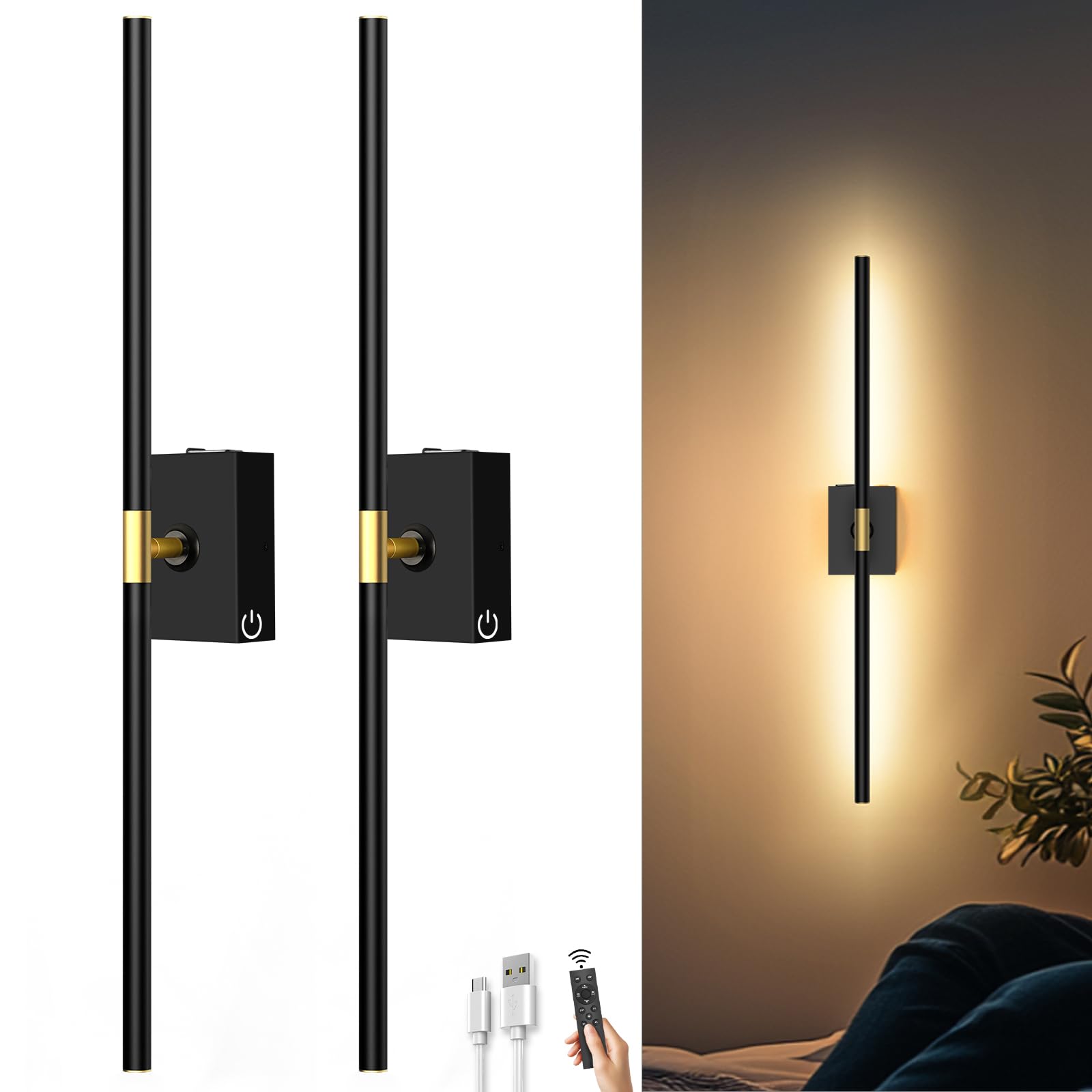 Photo 1 of iThird Battery Operated Wall Sconces Set of 2: 10000mAh Rechargeable Wall Lights with Remote Control, 360° Rotate Wireless Wall Scone Decor for TV/Mirror Bedroom Living Room, 31.5 Inch, Black