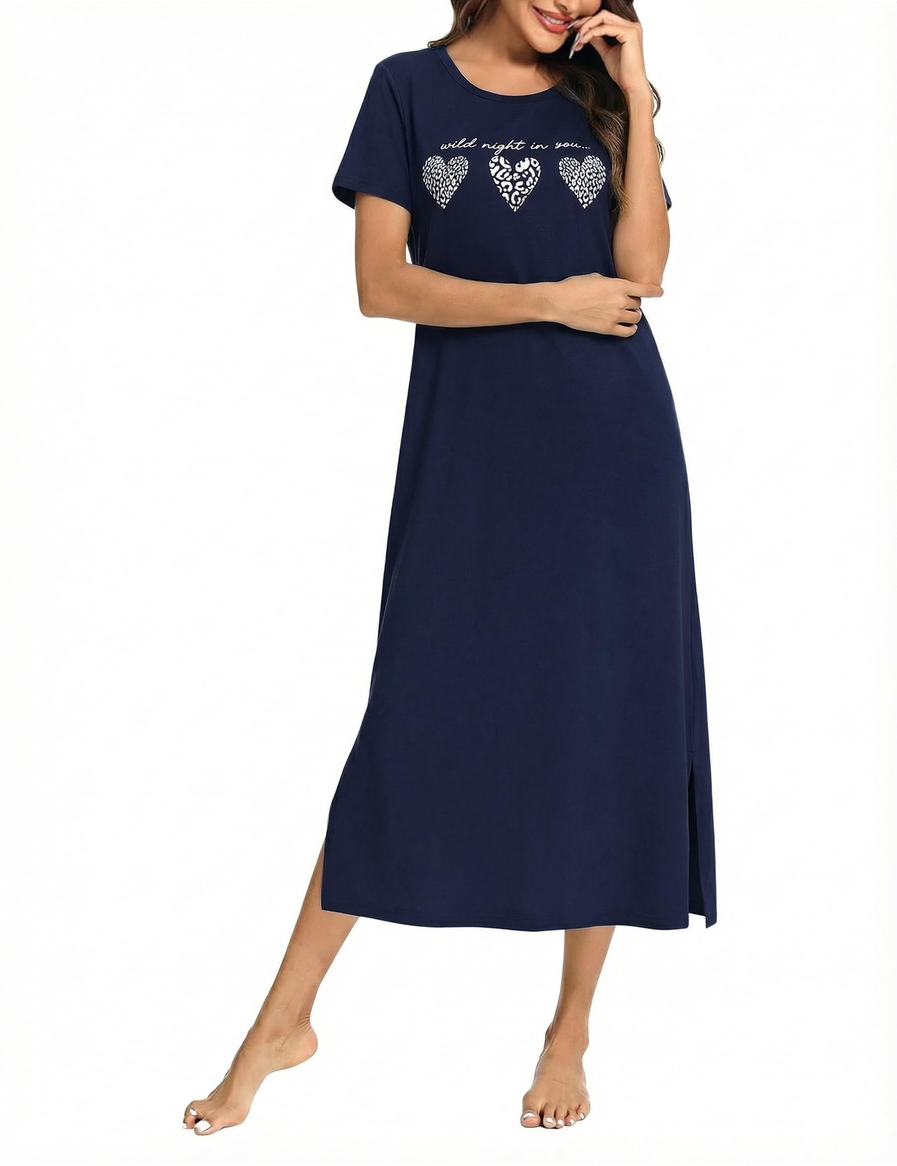 Jahetuul Damen Nachthemd Kurzarm Schlafshirt lang mit Herzmuster Schlafkleid Frau bequemes Nachtkleid Maxikleid Nachtwäsche Sleepshirt Nightdresses