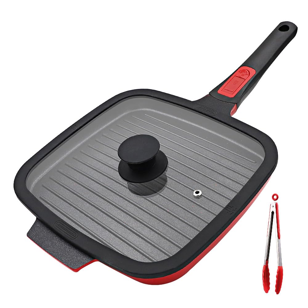 RANX INGST Poêle Grill avec Couvercle 24 cm, Poêle à Griller Carré avec Poignée Amovible, Revêtement Anti-Adhésif, Compatible Tous feux dont Induction