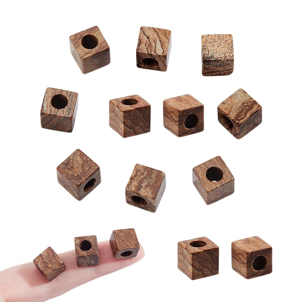 NBEADS 12 Pcs Natural Picture Jasper Square Stone Beads, 10mm Square Shape European Stone Beads Large Hole Stone Cube Beads Loose Gemstone Beads for Jewelry Making Crafting, Hole: 4.5~5mm