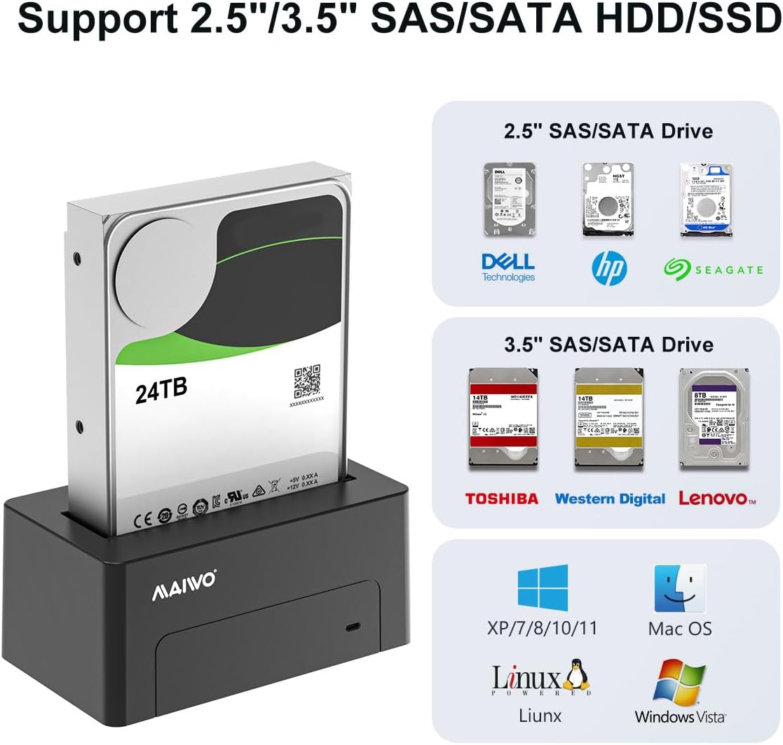 MAIWO SAS to USB 3.0 Adapter, SAS SATA Hard Drive Enclosure Reader for 2.5 3.5 Inch HDD SSD, 24TB Capacity, External Hard Drive Docking Station with 12V/2A Power, Tool Free