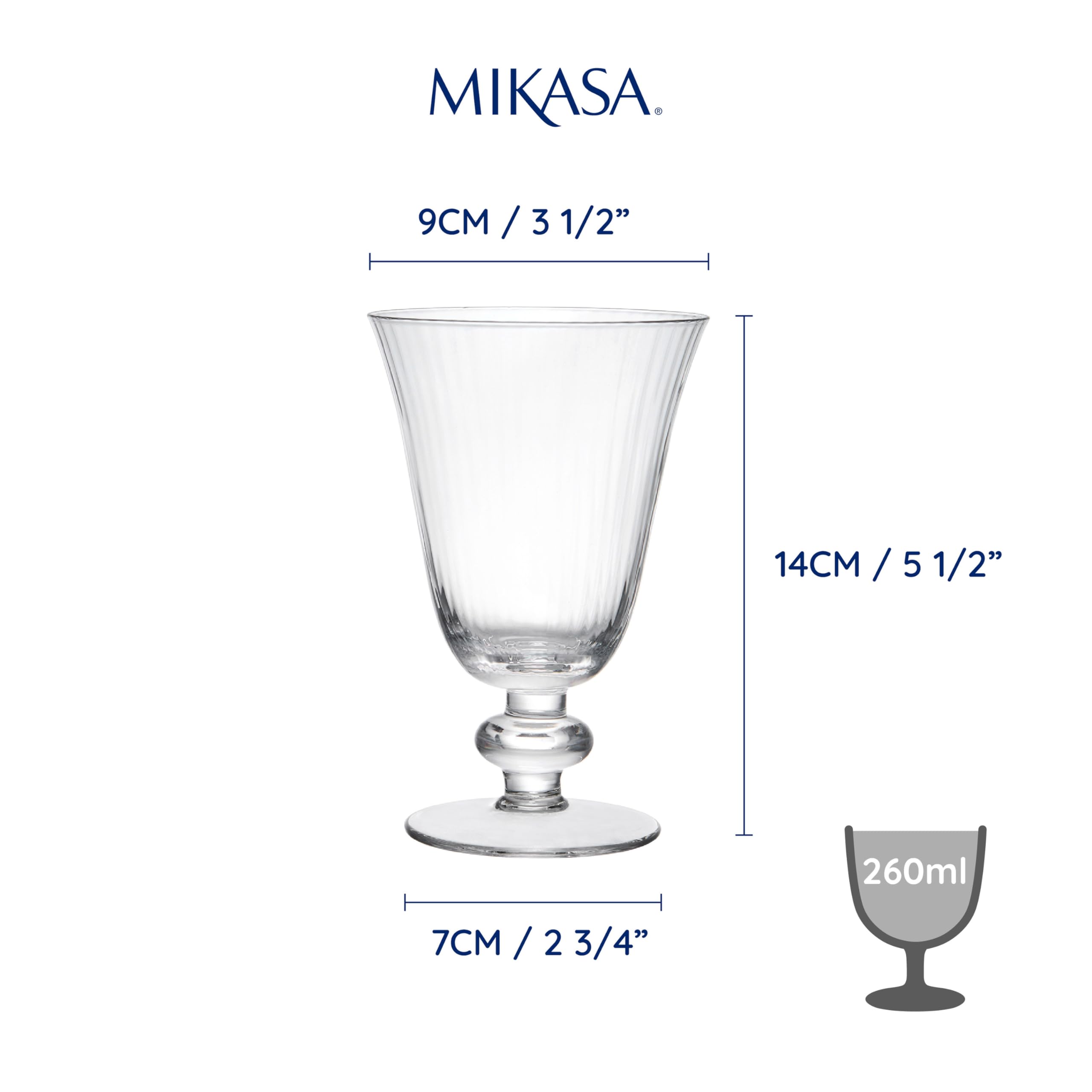 Mikasa Salerno Copas de Vino de Cristal, 260ml, Juego de 4 Copas Finas Transparentes sin Plomo con Pie Corto y Borde Ancho - Aptas para Lavavajillas