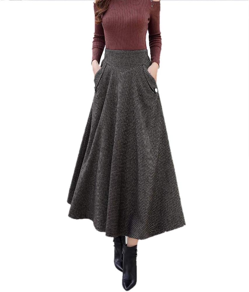 QJKaiWoolen Plaid Skirt Women's Autumn and Winter Long Swings Houndstooth A-Line Umbrella Skirt