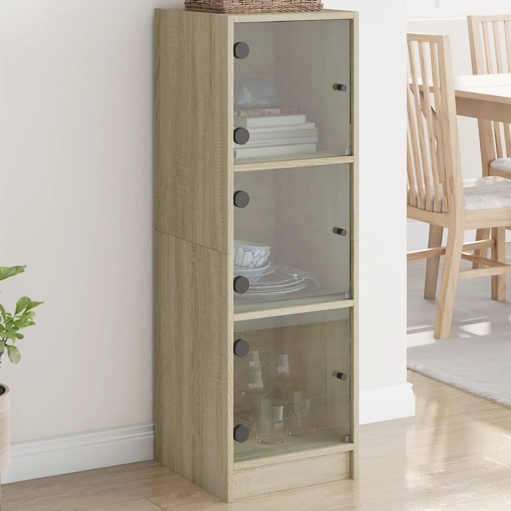 vidaXL Highboard, Beistellschrank mit Glastüren, Sideboard mit viel Stauraum, Schrank Kommode Hochschrank Wohnzimmer Schlafzimmer, Sonoma-Eiche