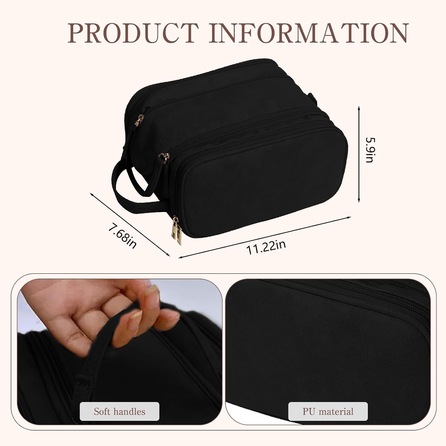 3 Tier Large Capacity Cosmetic Makeup Bag with Double Zipper and Wide Opening Portable Travel Organizer for Makeup and Toiletries (Black)