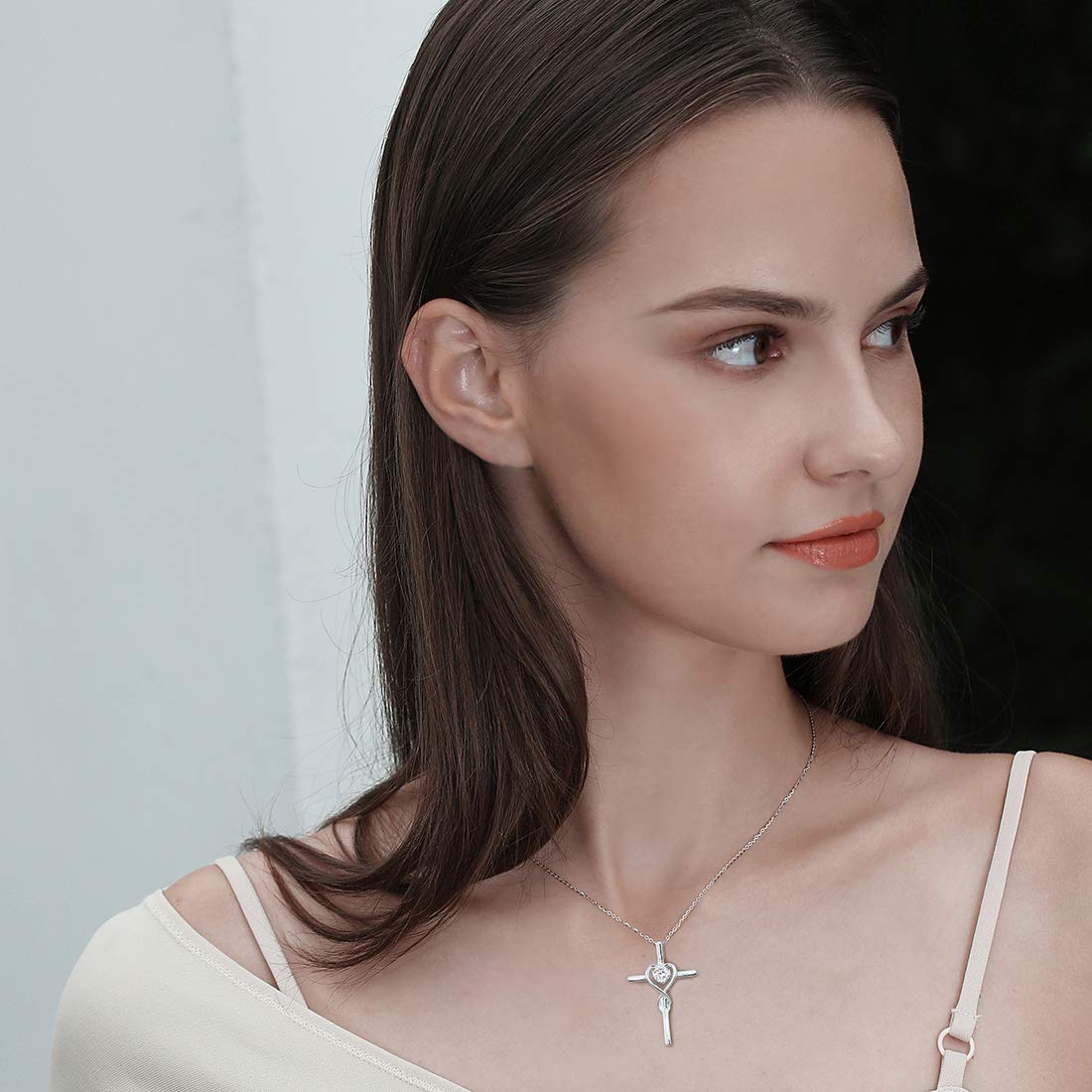 FANCIME Damen Halskette mit Unendlichkeit Symbol Kreuz Anhänger Kette Infinity aus 925 Sterling Silber mit Edelstein Herz Form - Verstellbar Kettenlänge: 40 + 5 cm