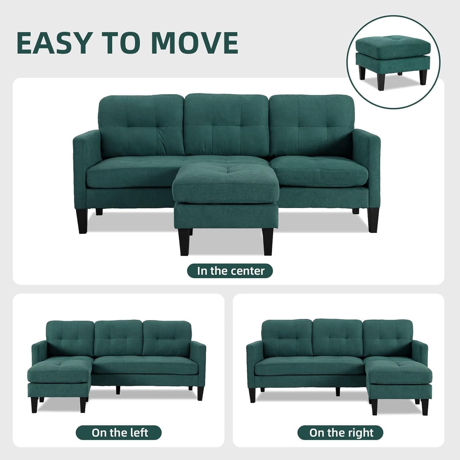 L Shaped Sectional Sofa with Movable Ottoman, Lounge Sectional Sleeper Sofa Couch for Apartment & Small Space, Small Couch for Living Room, Green
