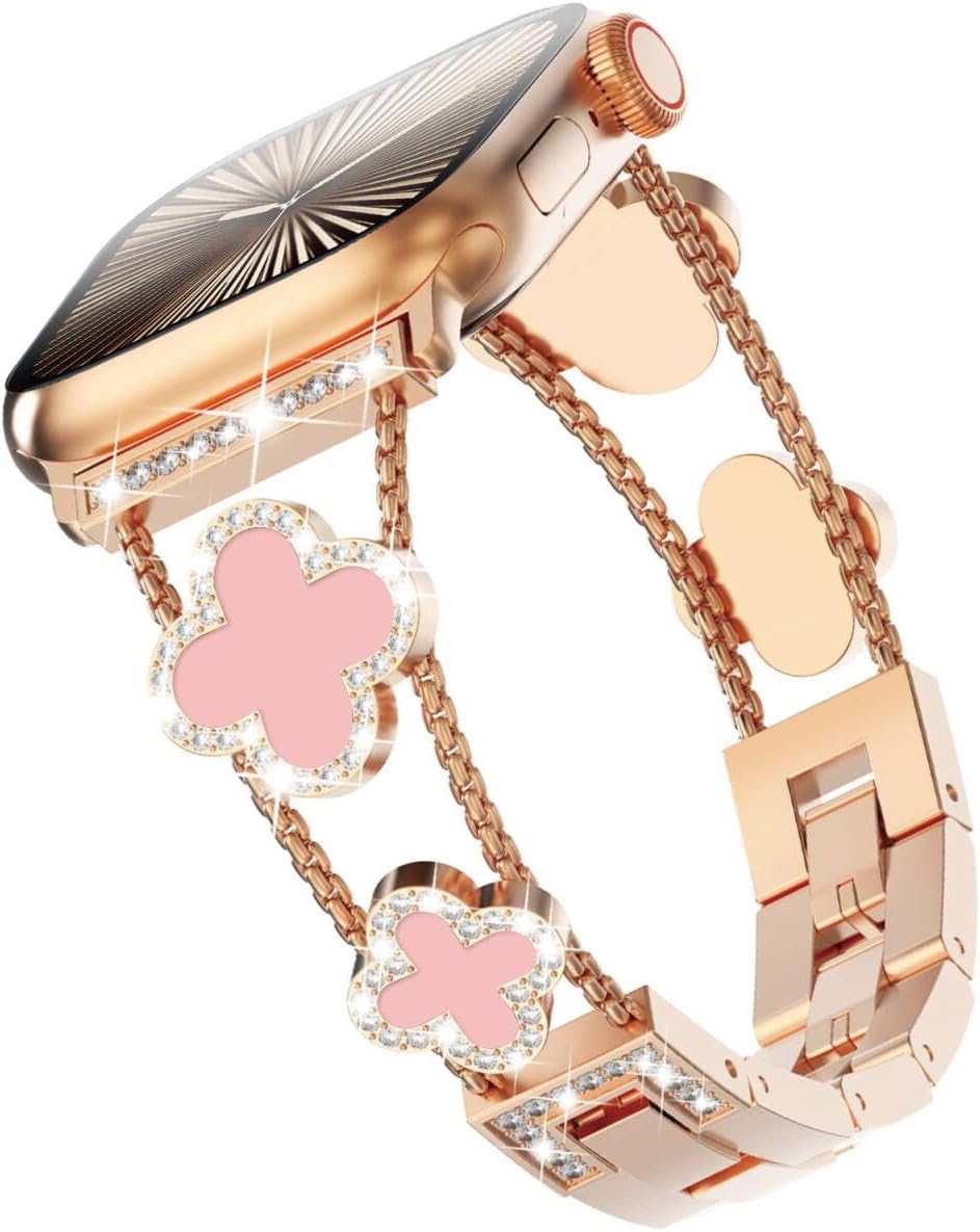 IBENZER Women Watch Band for Apple Watch Band 38mm 40mm 41mm 42mm 44mm 45mm 49mm Series 10 9 8 7 6 5 4 3 2 1 SE, Metal Sparkling Diamonds Four Leaf Clover Wristband for iWatch