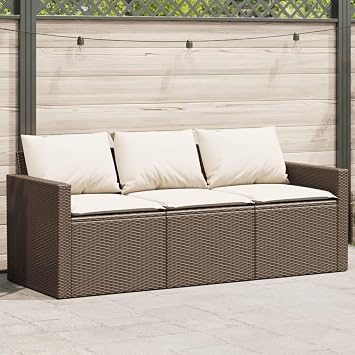 3-Seater Outdoor Sofa Set with Cushions, Patio Garden Furniture Modern Brown and Cream Sectional for Balcony Terrace, Weather Resistant Rattan & Steel Frame