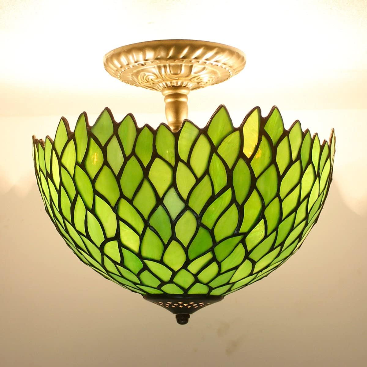 Suреr Dеаl Prоduсt Tiffany Ceiling Light Fixture Semi Flush Mount 12 Green Stained Glass Wisteria Cover Shade Close to Island Boho Hanging Lamp Decor Bedroom Kitchen Dining Living Room Indoor Entry Hallway WERFACTORY