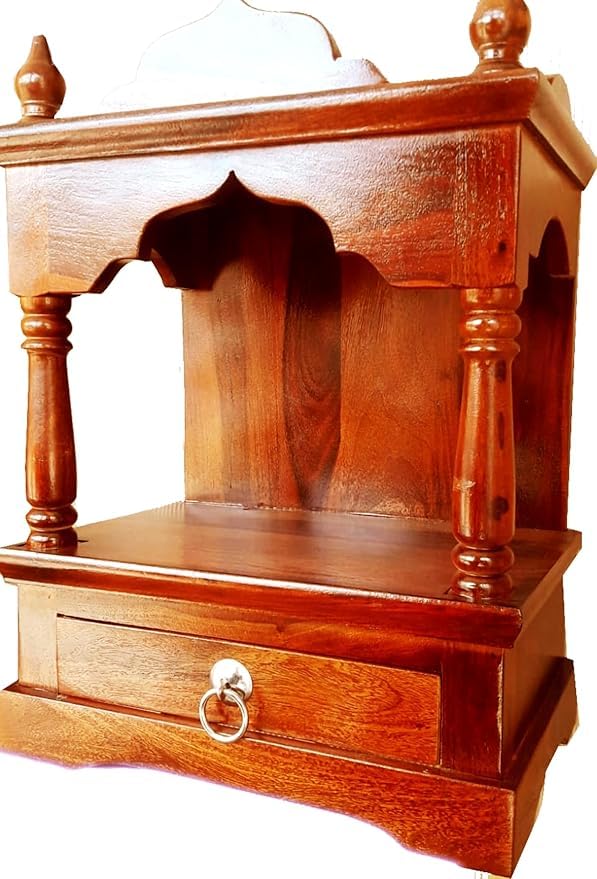 Image of Sheesham Wood Temple with with 1 Drawer Storage for Puja Ghar Wooden Mandir for Home (Natural Finish)
