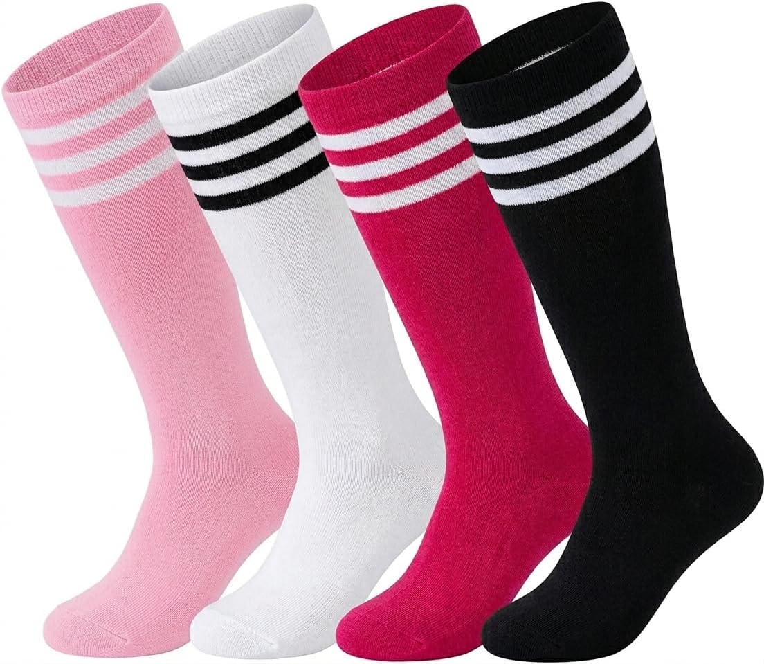 Kids Soccer Socks Girls - 4 Pairs Black White Pink Rose Red | Lightweight stay-up athletic fit, Breathable comfort for practice and school