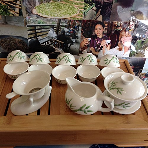 Gaiwan Set Pure White With Bamboo Design 13 Pcs #TOP1