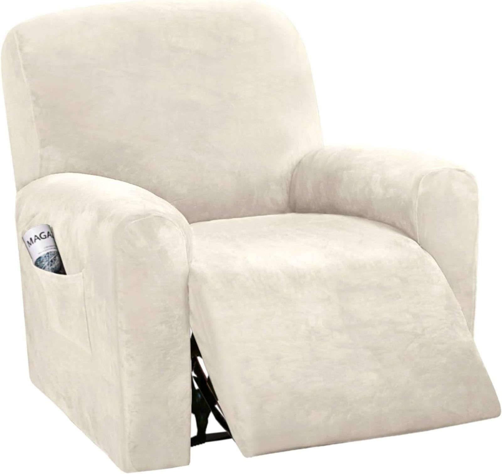 CLGTY Stretch Velvet Recliner Sofa Covers, 4-piece With Pocket Lazy Boy Reclining Sofa Slipcover Non Slip Armchair Covers For Kids Pets-cream-chair