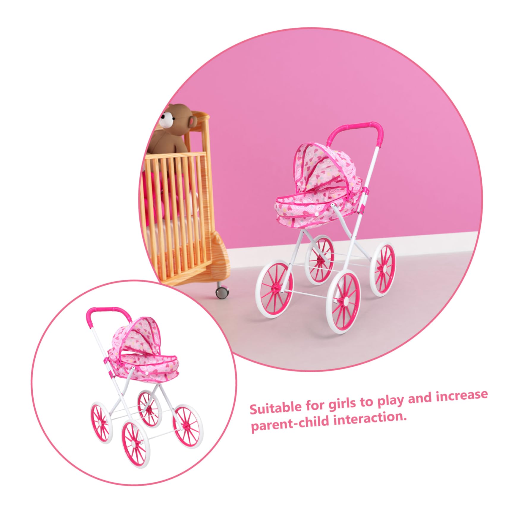 TOYANDONA Passeggino per Bambole Giocattolo Pieghevole Baldacchino Realistico e Ampio Accessori Inclusi Stimola Gioco di Ruolo Interattivo Adatto a Bambine Rosa Panno