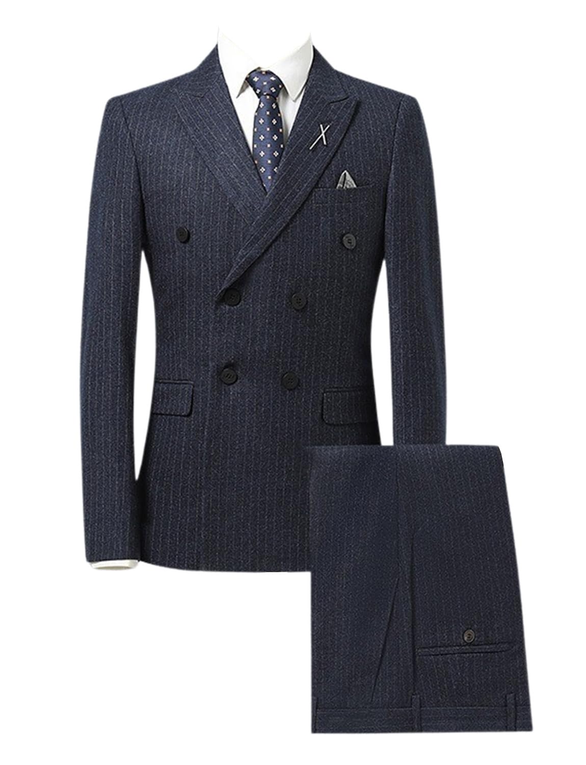 Men's Double Breasted Stripe Suit Peak Lapel Jacket Vest Pants Business Groom Three Pieces Tuxedo Set