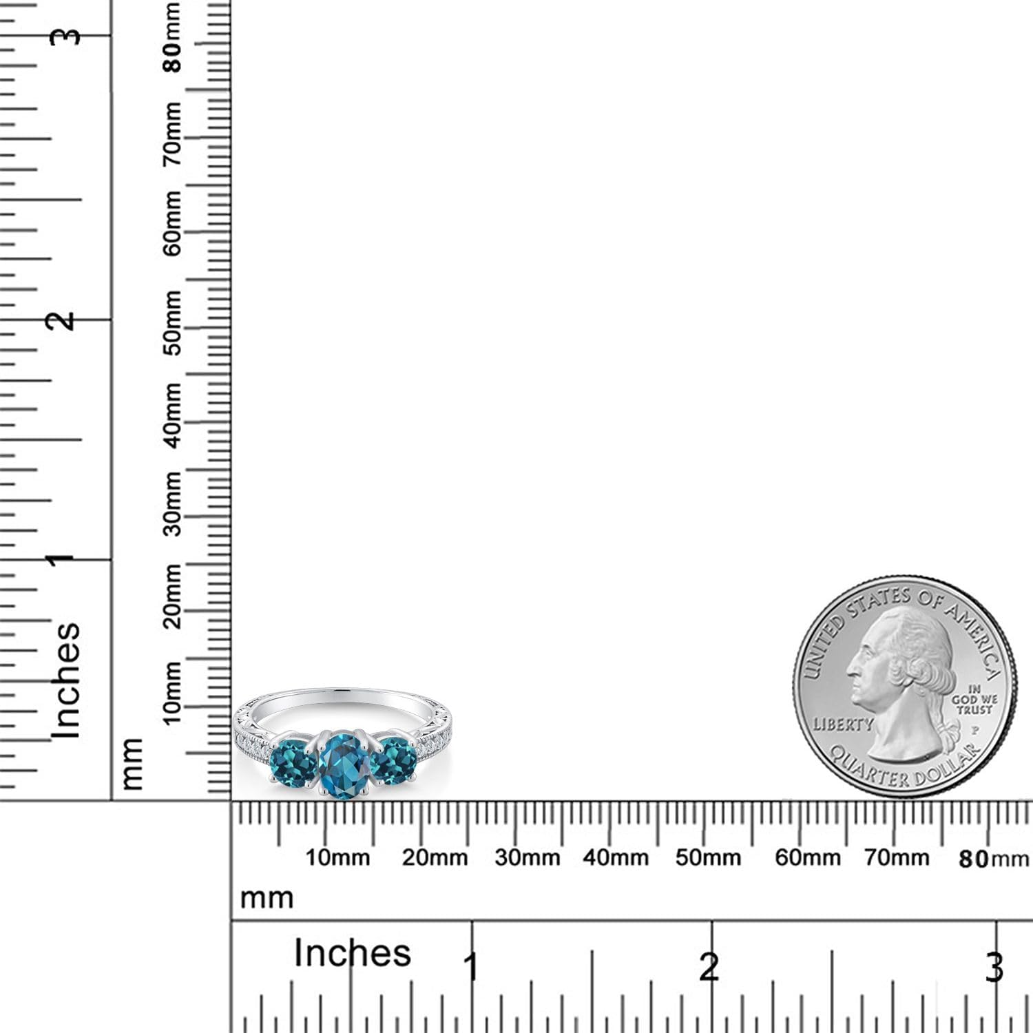 Gem Stone King 2.02 Cttw London Blue Topaz 3-Stone Ring | 925 Sterling Silver | Oval 7X5MM and Round 5MM Gemstone Birthstone | 3 Stone Wedding Anniversary Promise Ring For Women