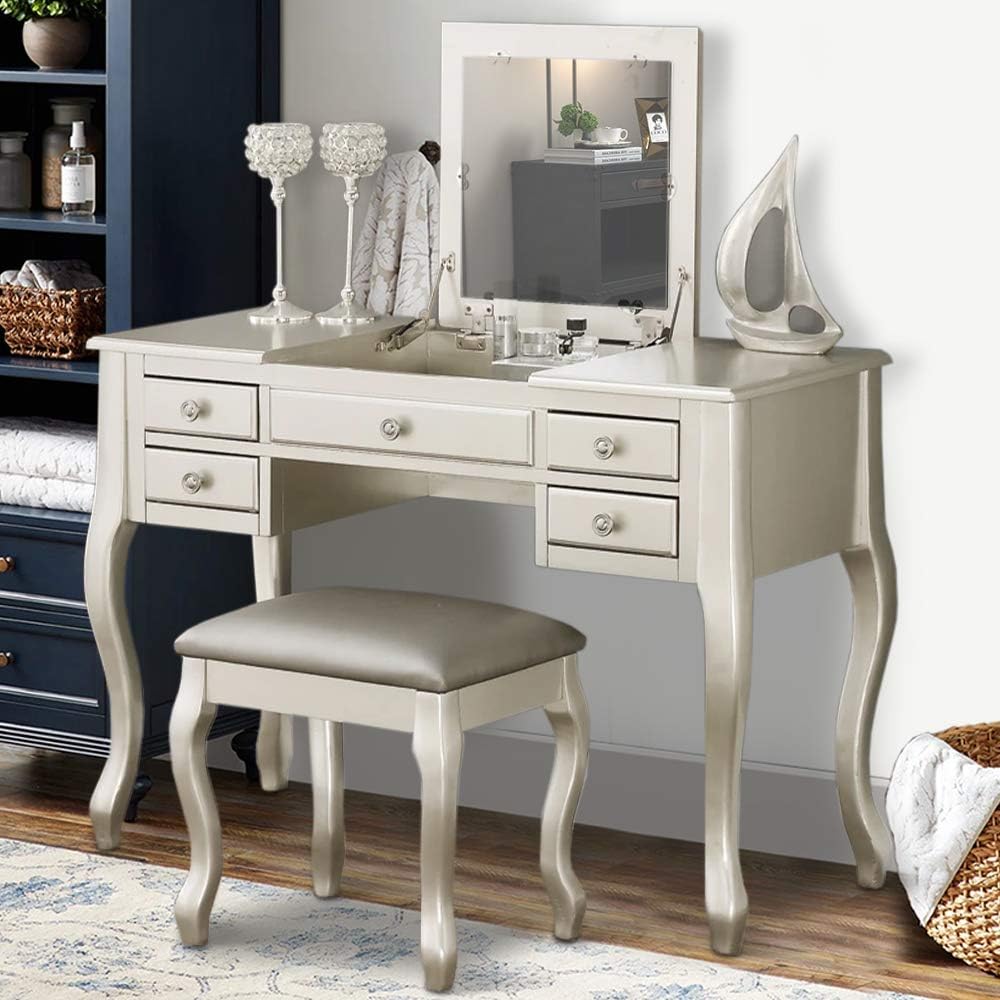 Benjara Benzara Cherub Featuring Stool and Mirror Silver Vanity Set,