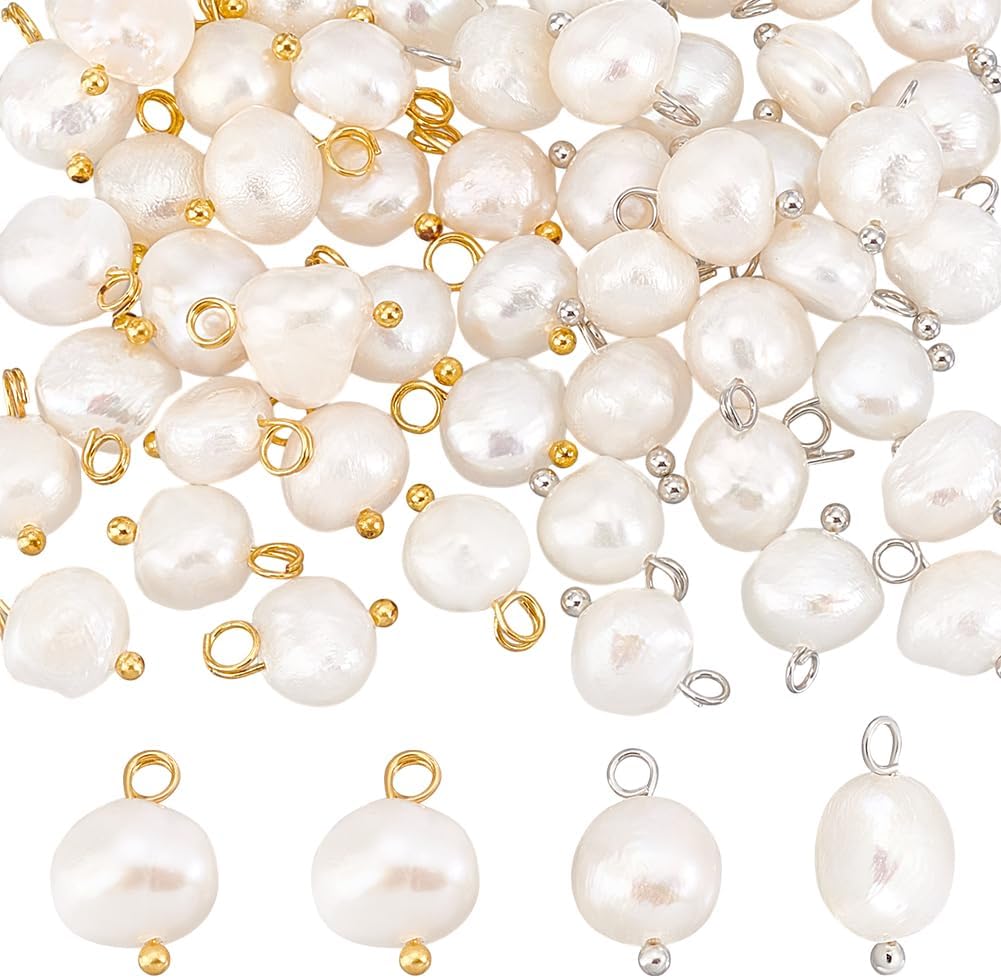 PH PandaHall 50pcs Natural Freshwater Pearl Charms, Pearls Dangles Charms 13mm White Pearl Pendant Irregular Pearl with 2 Colors Loop Jewelry Connector for DIY Dangle Earring Necklace Bracelet Jewelry