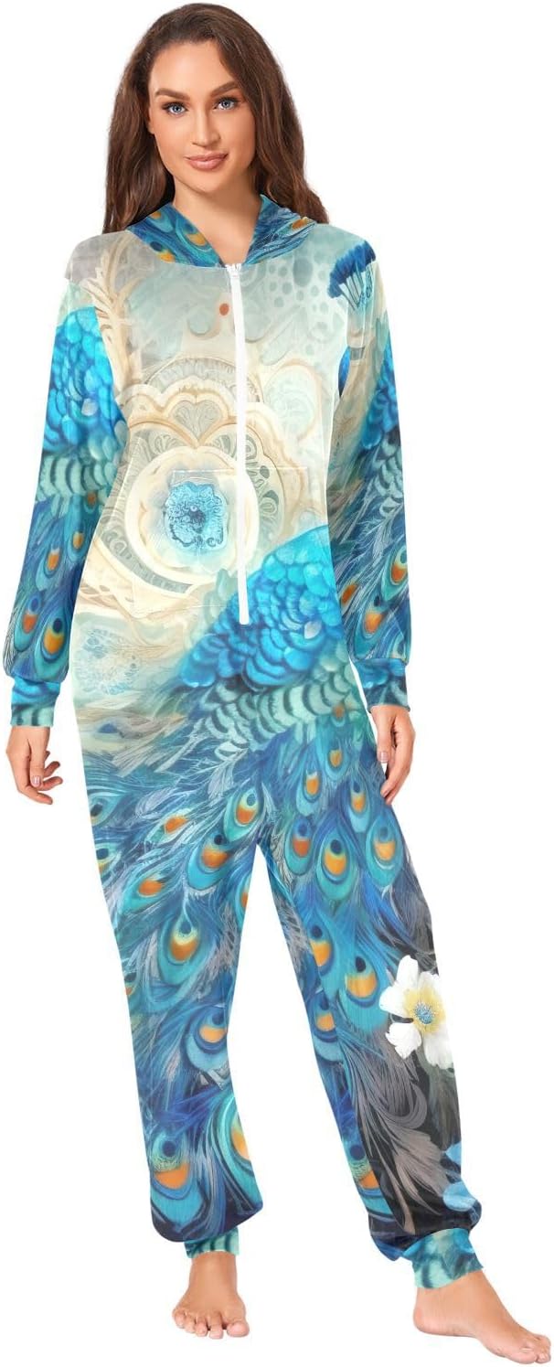 GAIREG Blue Peacock Floral Onesie Adult Womens, Plush One-Piece Pajama Jumpsuits