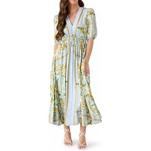 Qikaka Women's Short Sleeve Deep V Neck Printed Bodycon Sexy Nightclub Party Holiday Dress