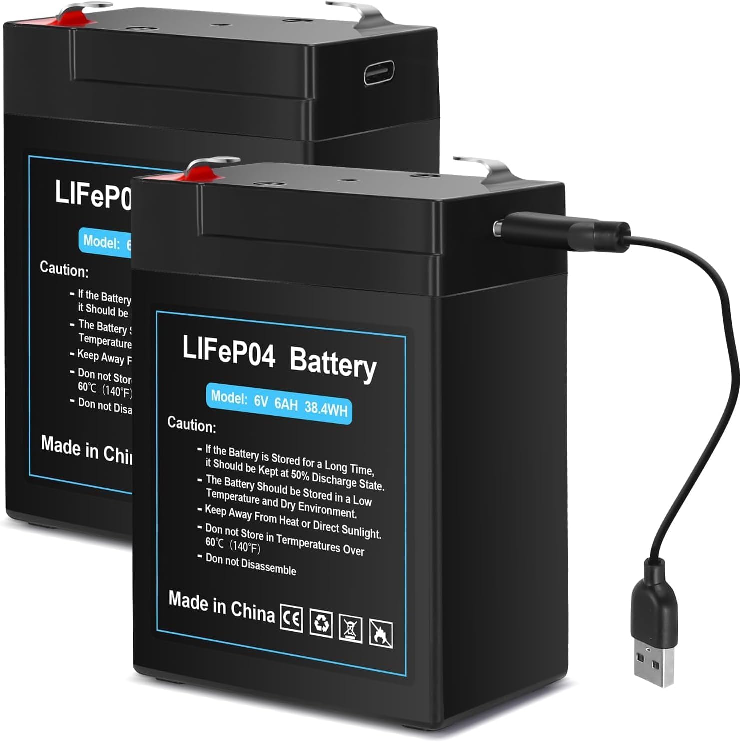 2 Pack Rechargeable 6V 6Ah LiFePO4 Battery with USB Charge Design, 2000+ Cycles, 6 Volt Battery with BMS for Deer Feeder