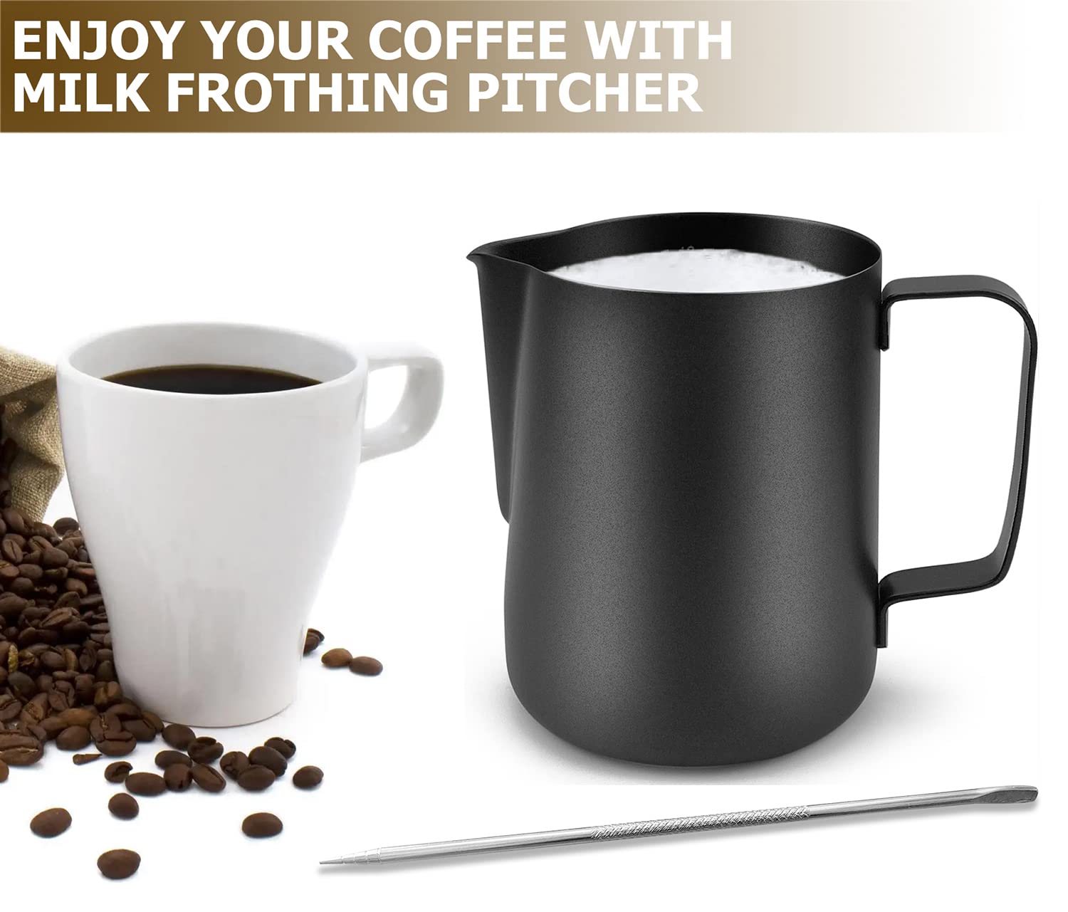 CAMKYDE Jarra de espuma de leche de acero inoxidable de 20 onzas, jarra de vapor espresso con bolígrafo decorativo para máquinas de espresso, capuchino, arte con leche (negro mate)