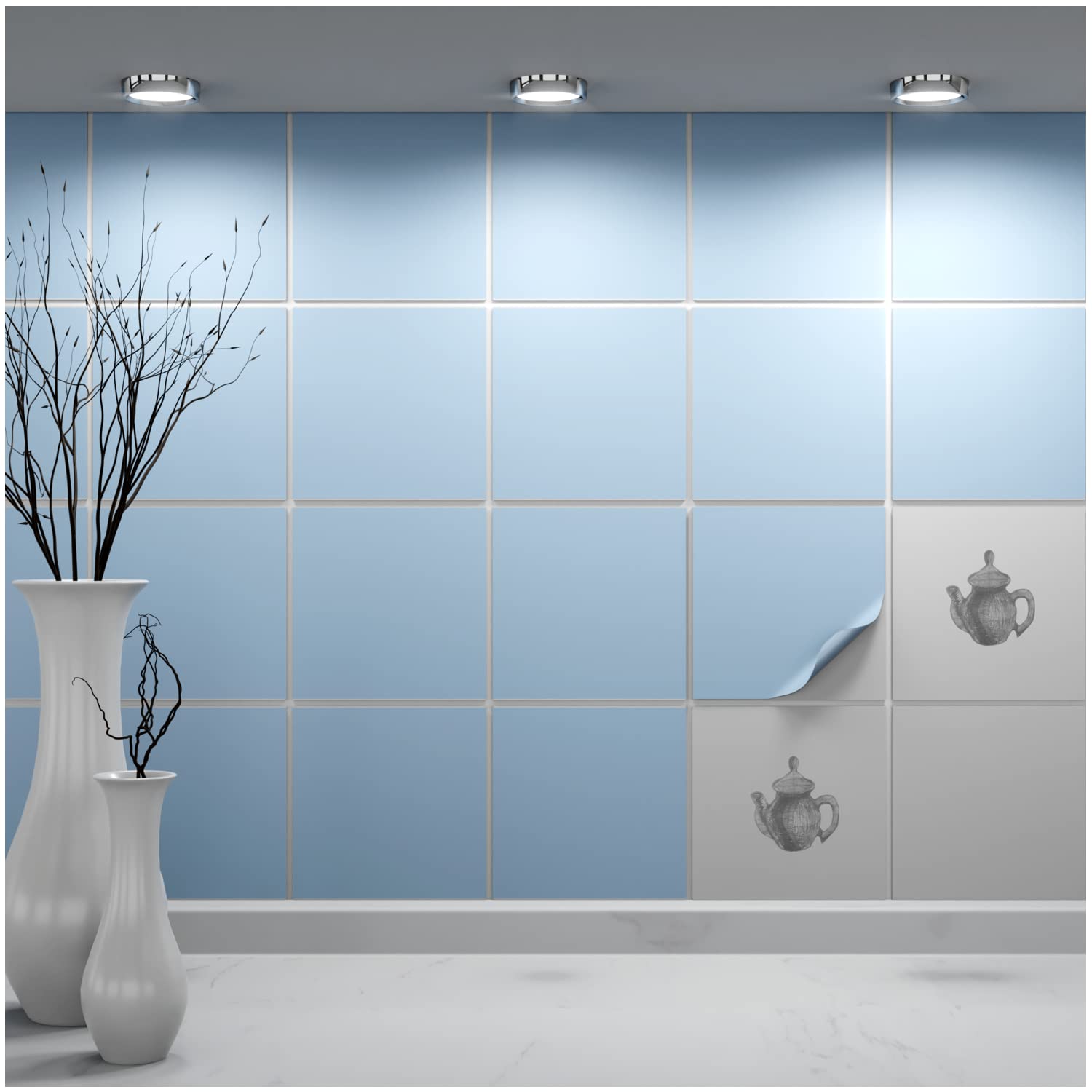 FoLIESEN - Tile Stickers, 14.5 x 14.5 cm, Self-Adhesive Tile Film for Bathroom and Kitchen, Removable Adhesive Film for Wall Tiles, Kitchen Splashback and Borders, 50 Adhesive Tiles, Pastel Blue Matt