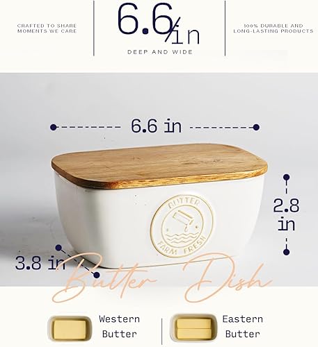 Miniatura 3 de Getstar Mantequera de cerámica con tapa de acacia para encimera, sellado de silicona, decoración de encimera de cocina de granja, recipiente grande