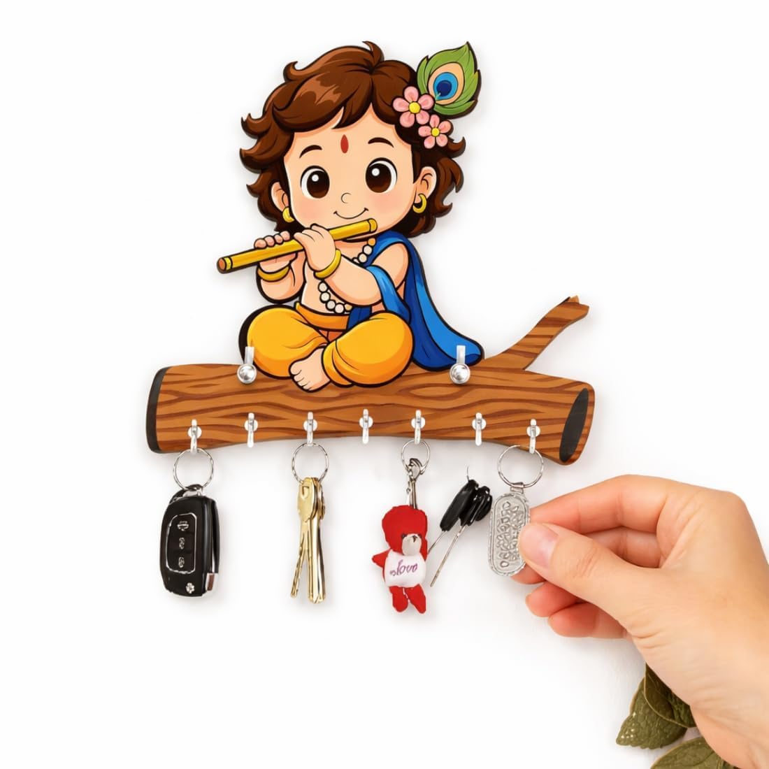 Wooden Key Holder Wall Mounted with Hooks, Bal Krishna Wall Design Key Rack for Home Entrance, Decorative Key Organizer for Living Room Office and Home Decor Accessories Storage-image-23