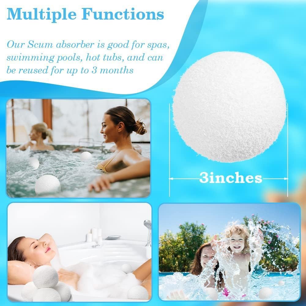 4 Pack Pool Scum Eliminator Balls, 3inch Floating Scum Absorber for Pool, Hot Tub and Spa Reusable Scum Balls with High Resilience, Efficiently Remove Oil or Debris
