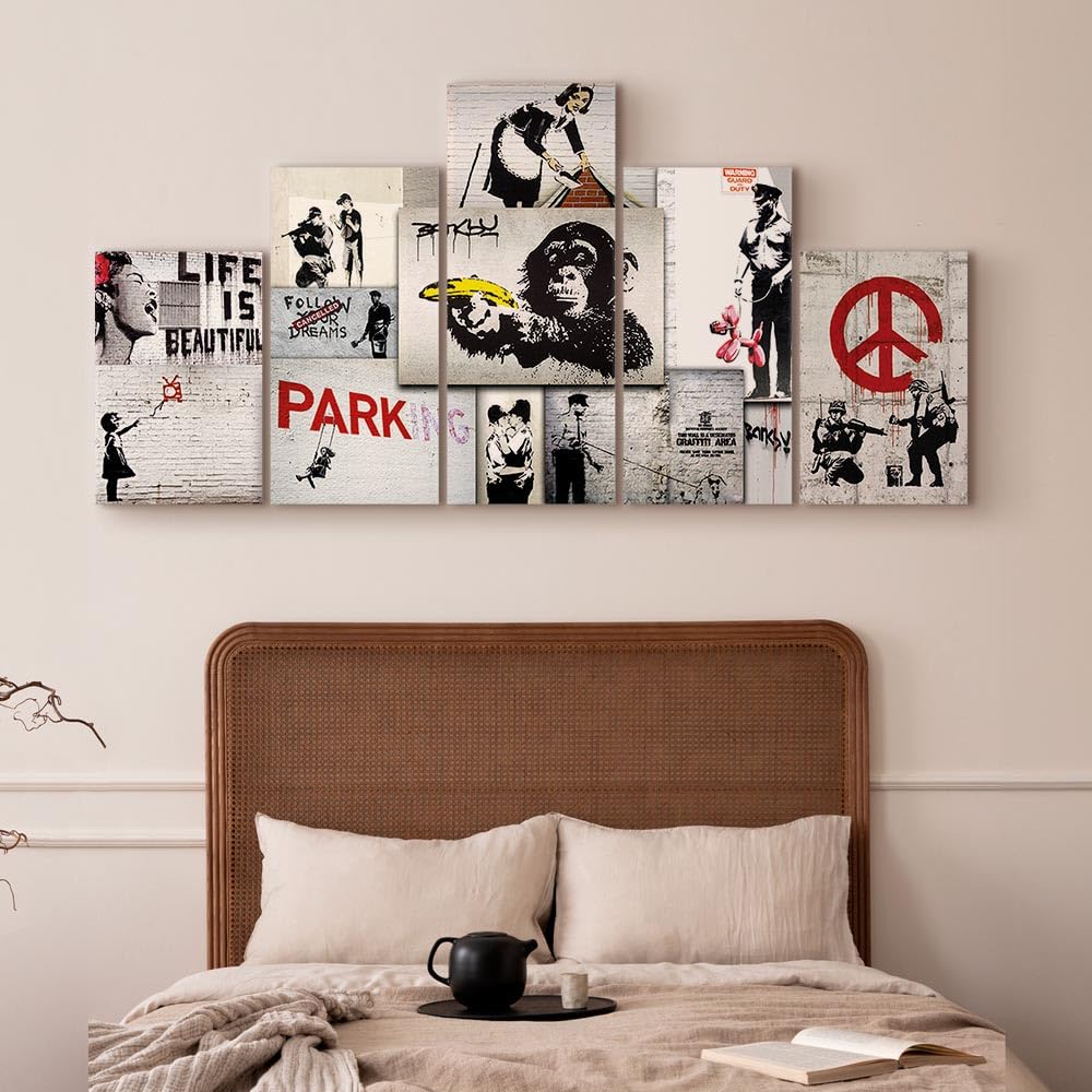 Cuadros B&D XXL - Cuadro en Lienzo Banksy 200x100 cm 5 piezas - Impresión en material tejido no tejido cuadros decoracion salon modernos lienzos - street art Abstracto f-C-0138-b-m Collage