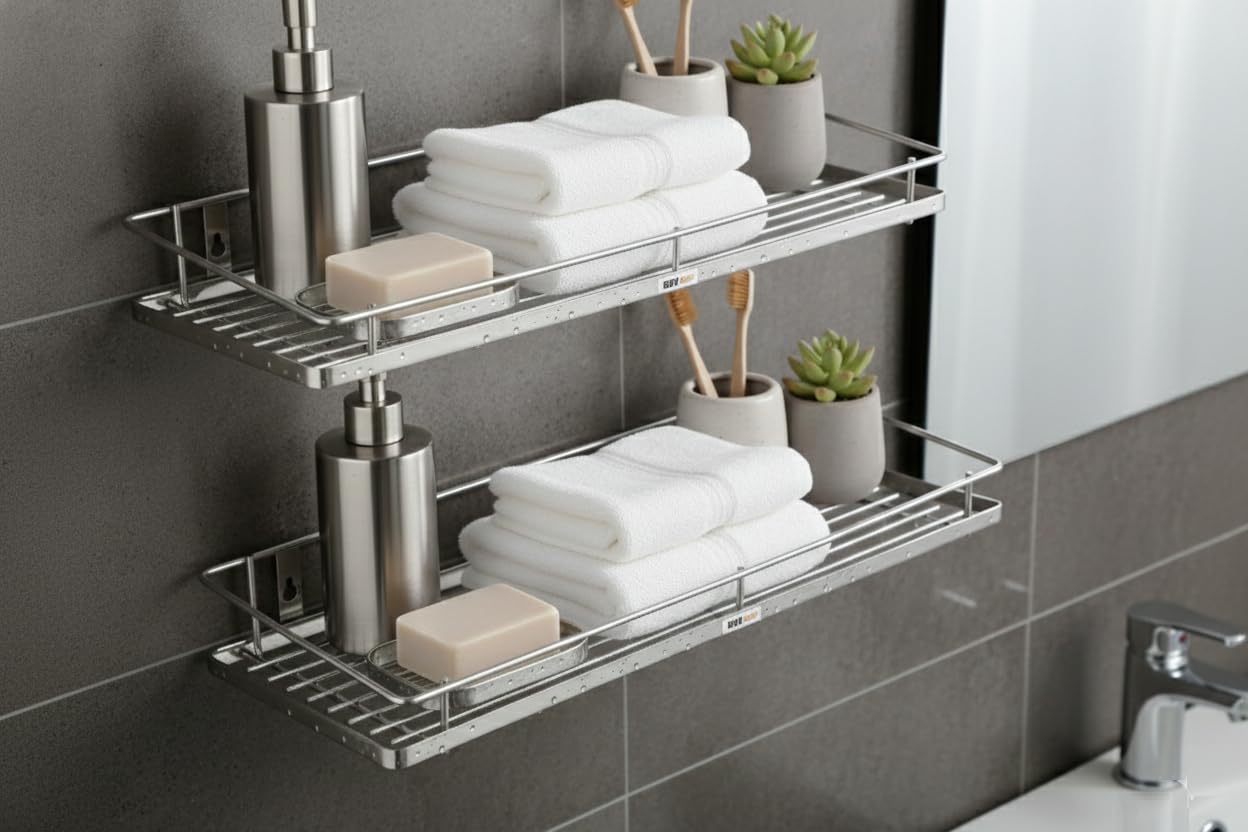 Stainless Steel Multipurpose Wall Mounted Shelf for Bathroom & Kitchen Storage Rack | Rust-Proof Heavy Duty (DF-Classy-Shelf2)-image-23