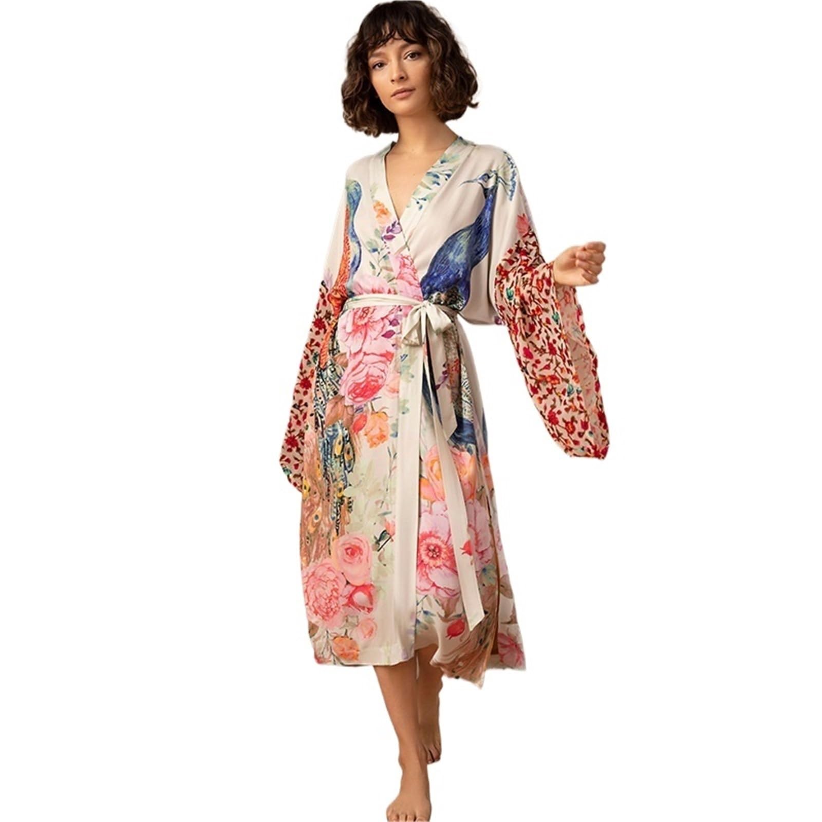 Langes Strandkleid aus Chiffon Strandüberzug for Damen, bedruckter Badeanzug, Wickelkleider mit Gürtel, Badeanzüge am Meer, Strandmode