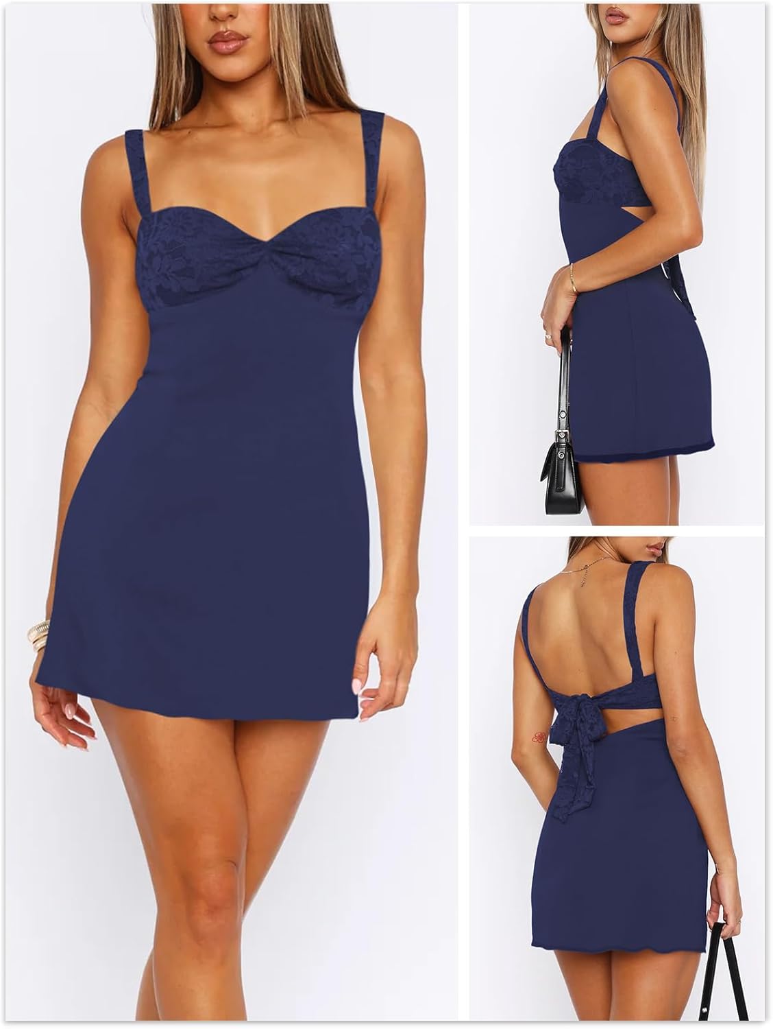 Women's Summer Mini Dresses Sleeveless Sexy Square Neck Lace Splicing Cocktail Party Straps Bodycon Dress - Image 2