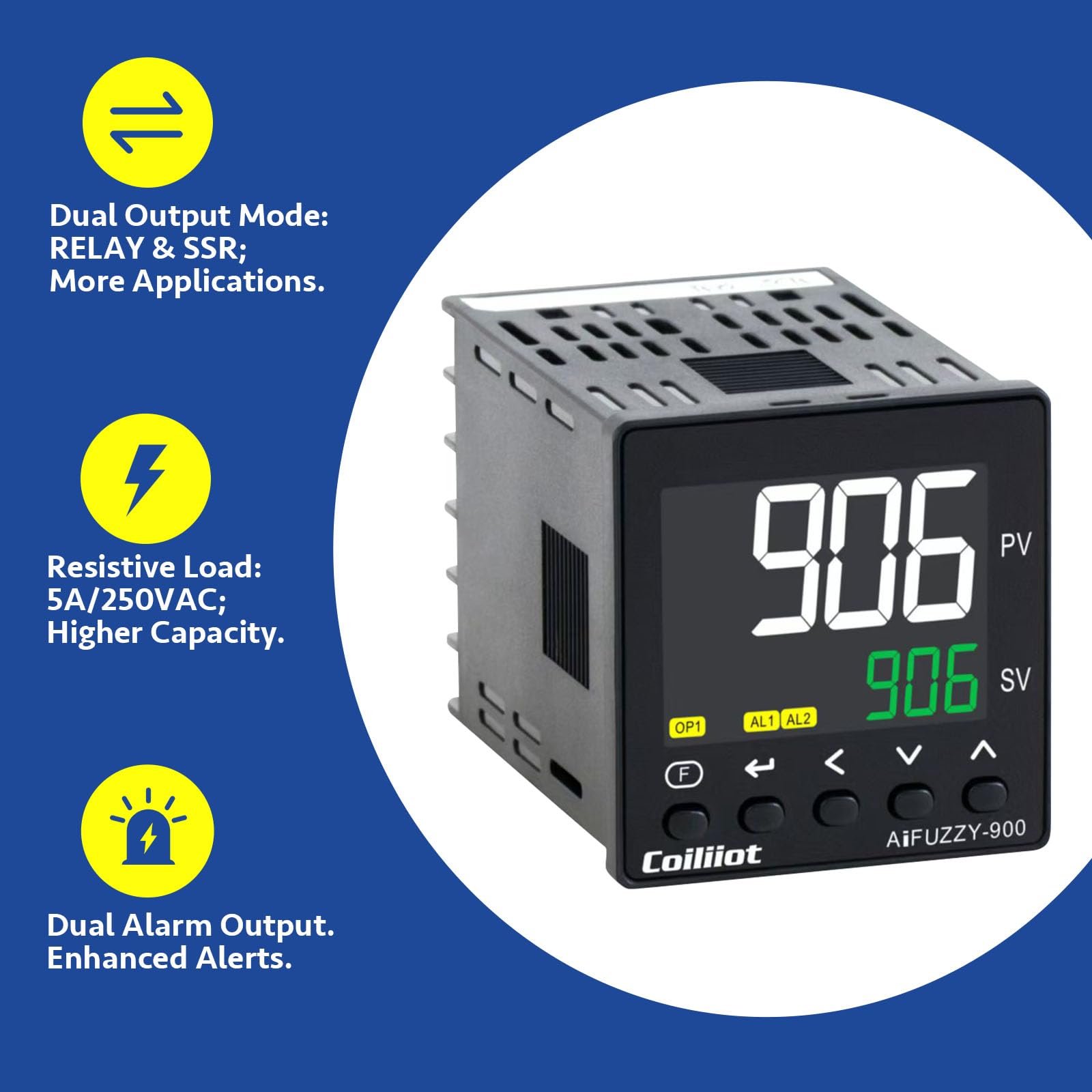 Controlador de temperatura PID, pantalla LCD, AC100-240V / DC12-24V, termostato PID con termopar K, relé y salida SSR, 2 salidas de alarma (48 mm x 48 mm)