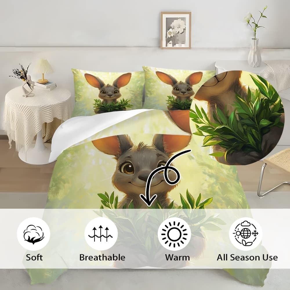 Motivo A Coniglio Infantile Copripiumino 2 Persona con Cerniera 240x220 cm Verde Set Biancheria da Letto in Microfibra, Lavabile in Lavatrice, per Bambini, Adolescenti e Adulti