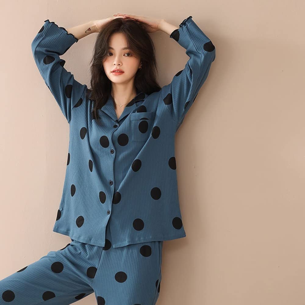 Pijamas Mujer Invierno,Conjuntos De Pijama para Mujer Estampado De Lunares De Solapa De Algodón Azul Vintage con Bolsillo Clásico Acogedor Cálido Pjs De Manga Larga Top & Amp; Conjunto De Pantalo