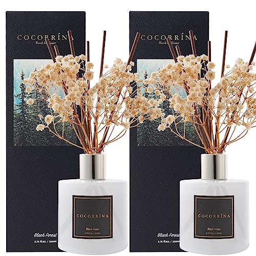 Image of Cocorrina Premium Reed Diffuser Set with Preserved Baby's Breath & Cotton Stick Black Forest 2 Packs, 6.7oz Scent Fragrance Oil Diffuser for Bedroom Bathroom Home Decor
