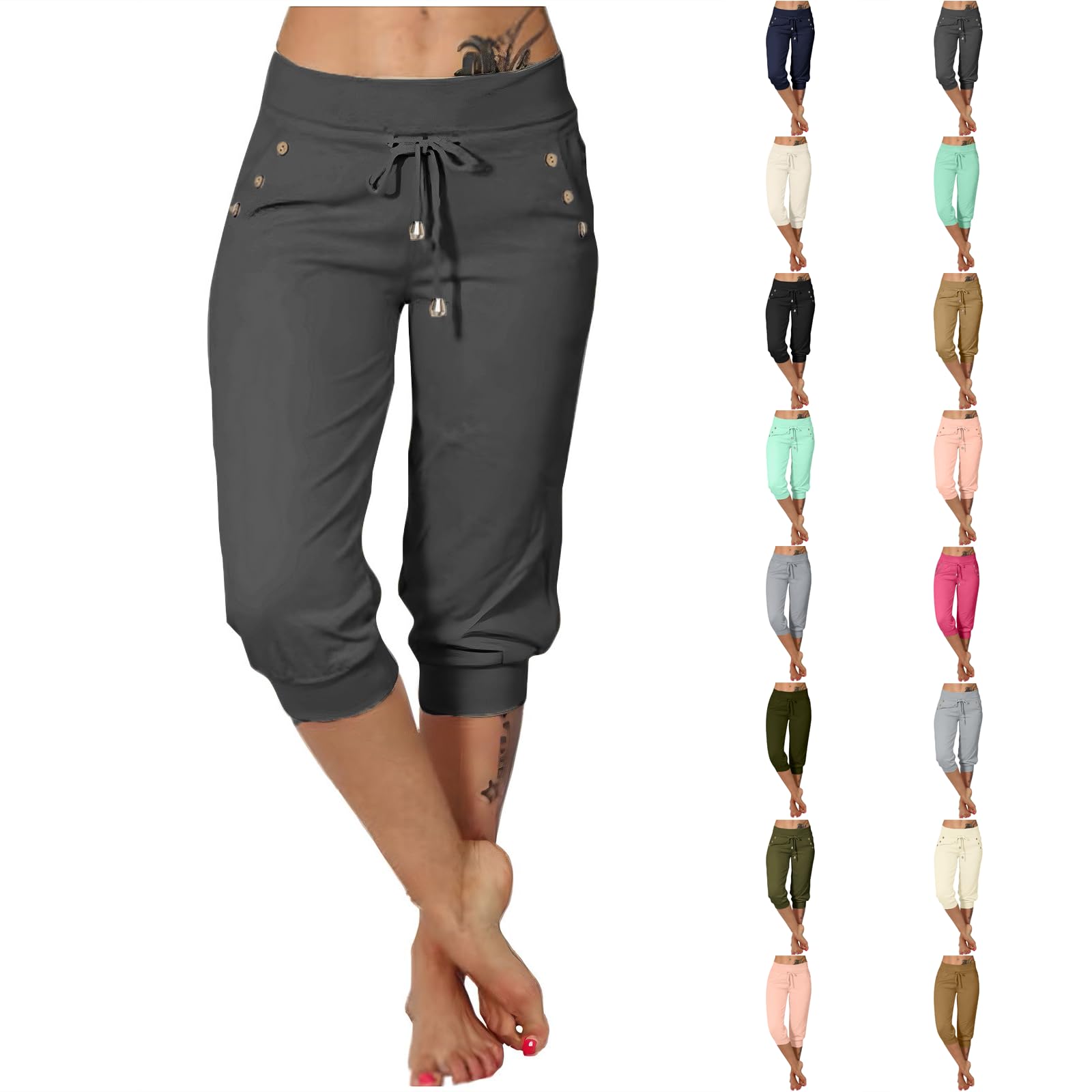 Womens Capri Pants Drawstring High Waisted Cotton Plus Size Joggers Loose Athletic Capri Sweatpants with Pockets Baggy Gym Golf Hiking Lounge Pant Cinch Bottom Cotton Sweatpants for Women