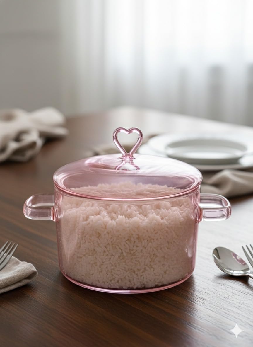 Premium Heart-Shaped Pink Borosilicate Glass Casserole – Direct Heat Safe Cookware for Cooking, Baking & Serving with Durable Glass Lid (Pink, Pack of 1)