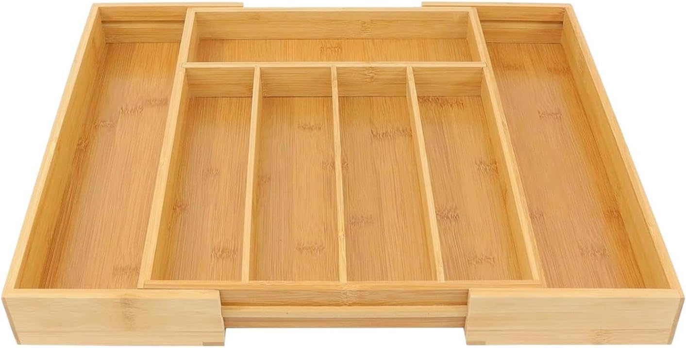 Drawer Organizer - Wooden Expandable, 1 Piece Adjustable Tray For Culinary Storage, Timber Caddy With 8 Slots, Cookery, Bamboo Rack For Pantry, Buffet And Sideboard Cutlery, Silverware Sorting