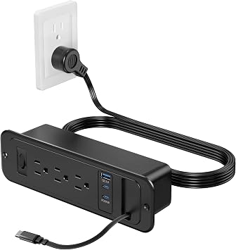 Recessed Power Strip with Retractable USB C Cable,2 PD 65W USB C Fast Charging,Flush Mount Countertop Drawer Outlet, Furniture Hidden Outlet for Side Table,End Table,3 Outlets Black, 6FT-65W