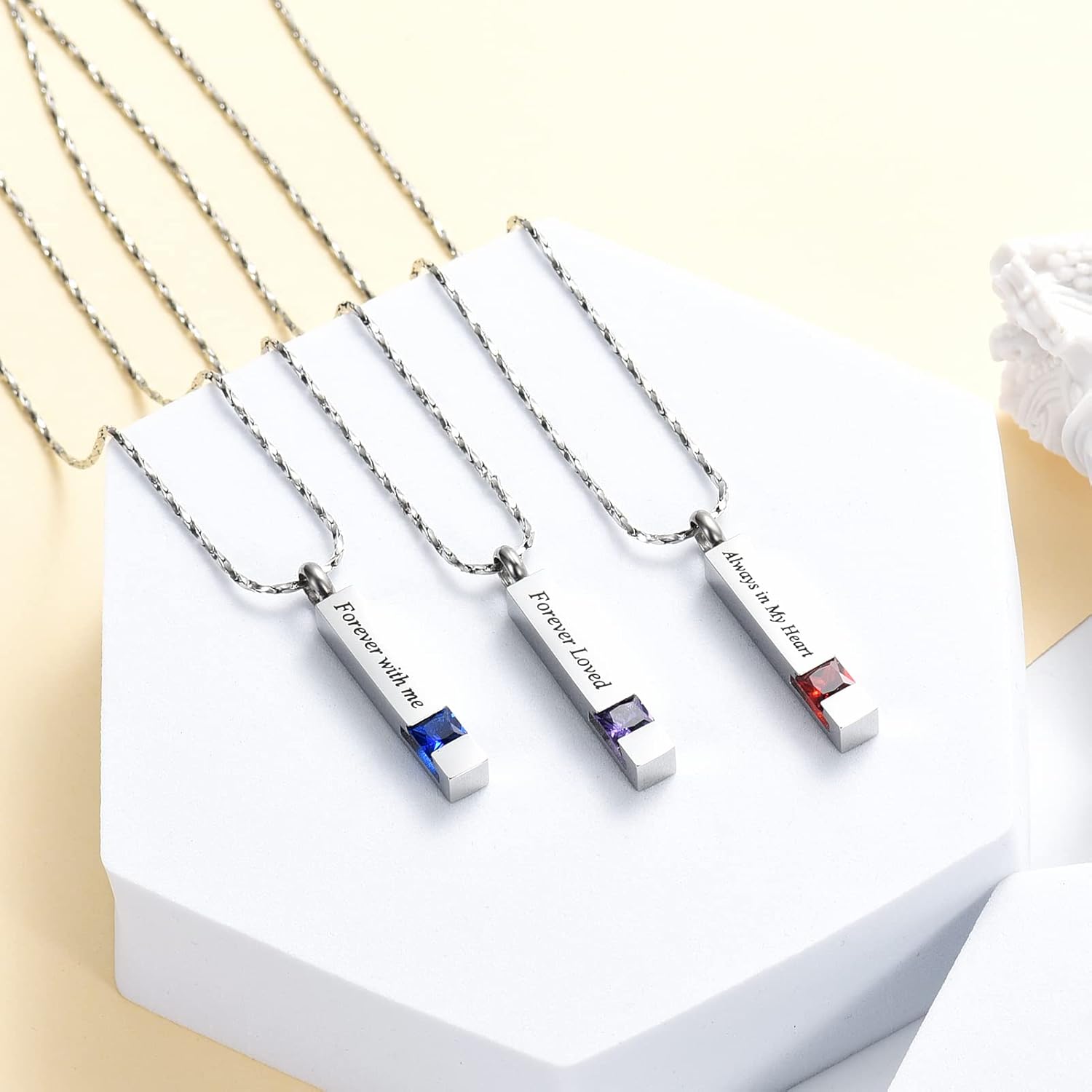 Imrsanl 3 Pack Cremation Jewelry Birthstone Cube Urn Necklace for Ashes, Hollow Crystal Bar Urn Pendant for Human Pet Ashes, Keepsake Ash Jewelry for Women Men