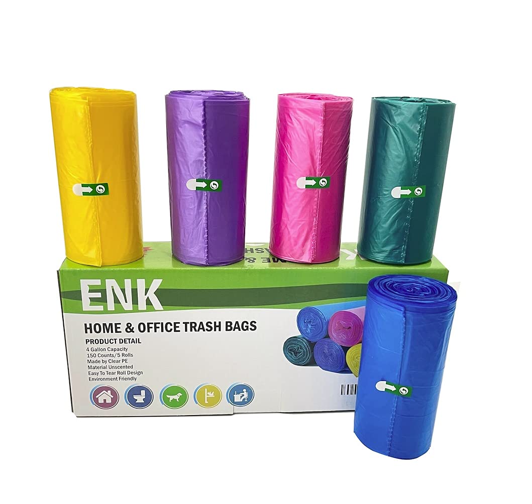 Colored 4 Gallon Trash Bags ENK Small Trash Bags 150 Counts Garbage Bags Small Bathroom Trash Bags for Home Kitchen and Office, fit 12-15 Liter, 3-4 Gallon Trash Cans
